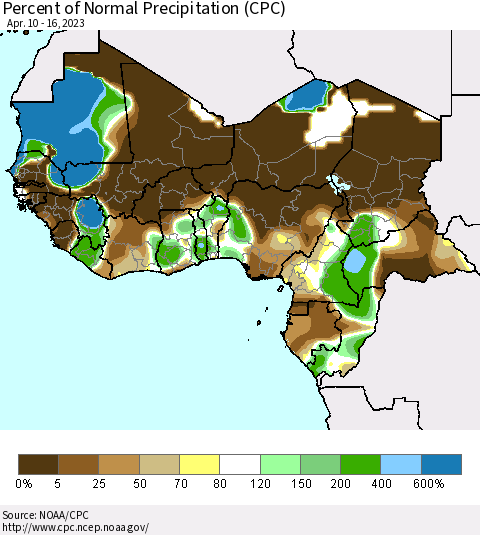 Western Africa Percent of Normal Precipitation (CPC) Thematic Map For 4/10/2023 - 4/16/2023