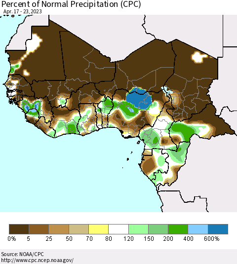 Western Africa Percent of Normal Precipitation (CPC) Thematic Map For 4/17/2023 - 4/23/2023