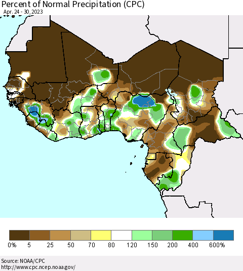 Western Africa Percent of Normal Precipitation (CPC) Thematic Map For 4/24/2023 - 4/30/2023