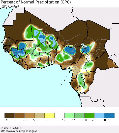 Western Africa Percent of Normal Precipitation (CPC) Thematic Map For 5/1/2023 - 5/7/2023