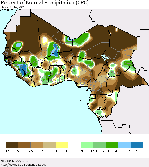 Western Africa Percent of Normal Precipitation (CPC) Thematic Map For 5/8/2023 - 5/14/2023