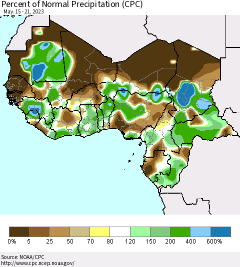 Western Africa Percent of Normal Precipitation (CPC) Thematic Map For 5/15/2023 - 5/21/2023