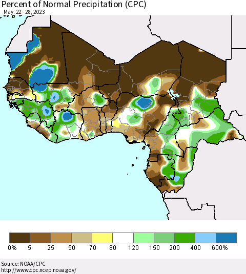 Western Africa Percent of Normal Precipitation (CPC) Thematic Map For 5/22/2023 - 5/28/2023