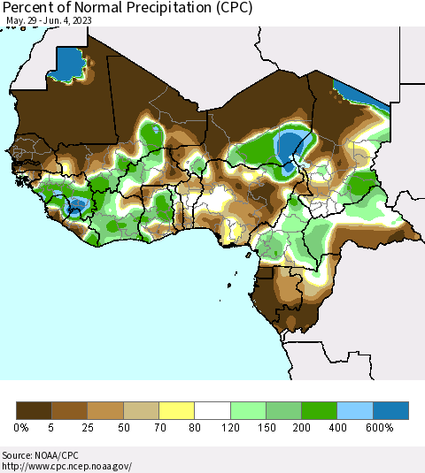 Western Africa Percent of Normal Precipitation (CPC) Thematic Map For 5/29/2023 - 6/4/2023