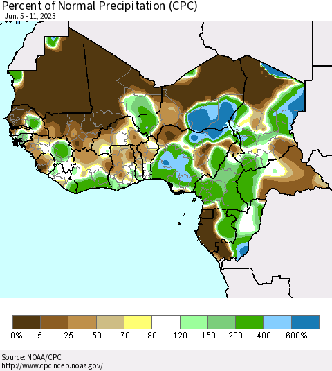 Western Africa Percent of Normal Precipitation (CPC) Thematic Map For 6/5/2023 - 6/11/2023