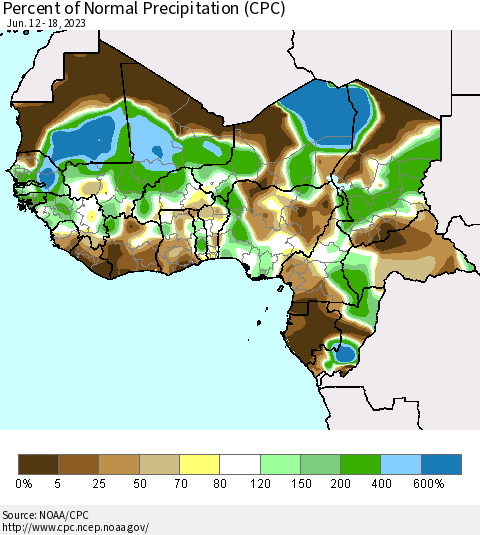 Western Africa Percent of Normal Precipitation (CPC) Thematic Map For 6/12/2023 - 6/18/2023