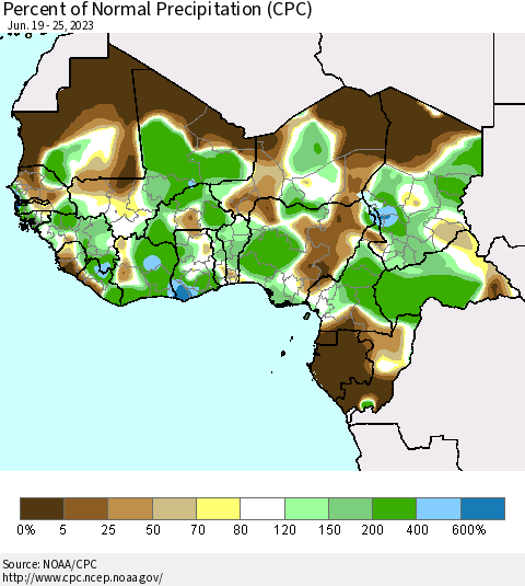 Western Africa Percent of Normal Precipitation (CPC) Thematic Map For 6/19/2023 - 6/25/2023