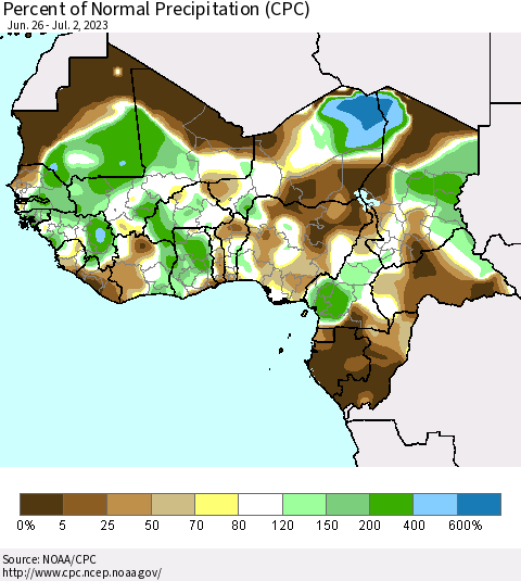 Western Africa Percent of Normal Precipitation (CPC) Thematic Map For 6/26/2023 - 7/2/2023