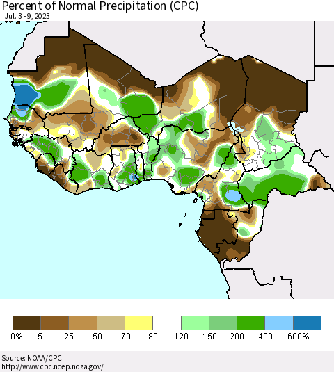 Western Africa Percent of Normal Precipitation (CPC) Thematic Map For 7/3/2023 - 7/9/2023