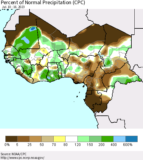 Western Africa Percent of Normal Precipitation (CPC) Thematic Map For 7/10/2023 - 7/16/2023