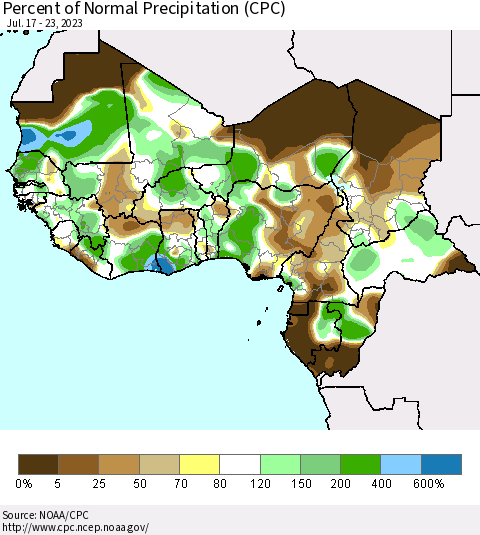 Western Africa Percent of Normal Precipitation (CPC) Thematic Map For 7/17/2023 - 7/23/2023