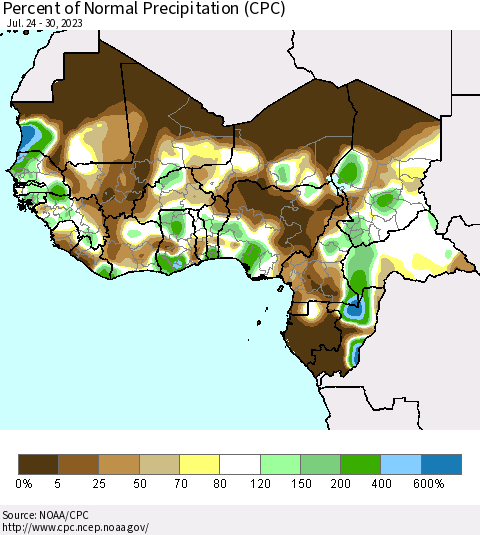 Western Africa Percent of Normal Precipitation (CPC) Thematic Map For 7/24/2023 - 7/30/2023