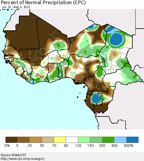 Western Africa Percent of Normal Precipitation (CPC) Thematic Map For 7/31/2023 - 8/6/2023