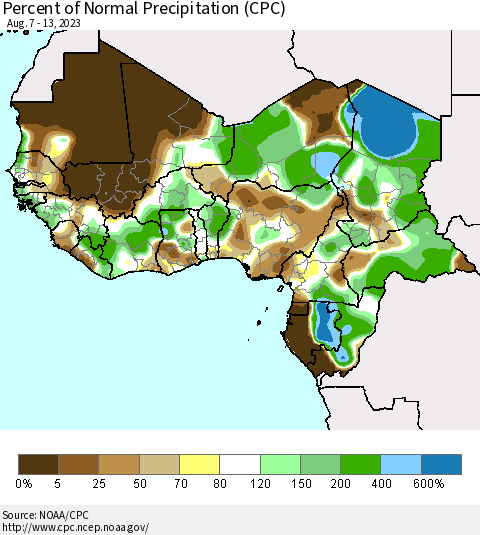 Western Africa Percent of Normal Precipitation (CPC) Thematic Map For 8/7/2023 - 8/13/2023