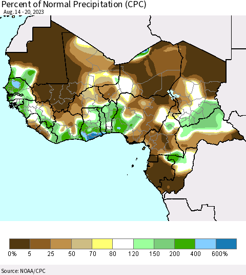 Western Africa Percent of Normal Precipitation (CPC) Thematic Map For 8/14/2023 - 8/20/2023
