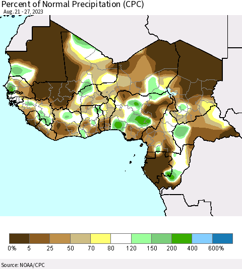 Western Africa Percent of Normal Precipitation (CPC) Thematic Map For 8/21/2023 - 8/27/2023
