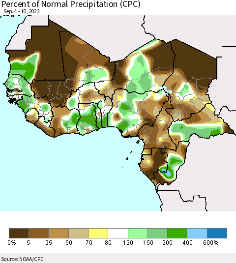 Western Africa Percent of Normal Precipitation (CPC) Thematic Map For 9/4/2023 - 9/10/2023