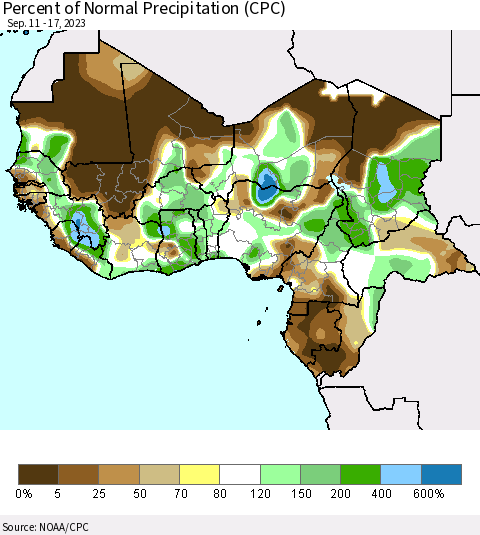 Western Africa Percent of Normal Precipitation (CPC) Thematic Map For 9/11/2023 - 9/17/2023
