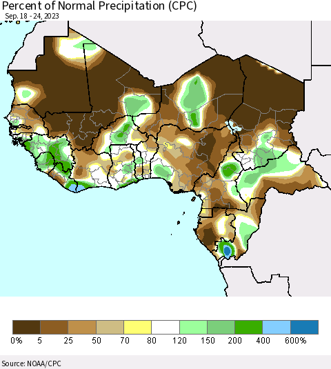 Western Africa Percent of Normal Precipitation (CPC) Thematic Map For 9/18/2023 - 9/24/2023