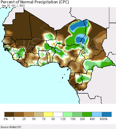 Western Africa Percent of Normal Precipitation (CPC) Thematic Map For 9/25/2023 - 10/1/2023
