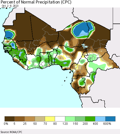 Western Africa Percent of Normal Precipitation (CPC) Thematic Map For 10/2/2023 - 10/8/2023