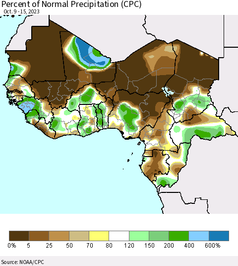 Western Africa Percent of Normal Precipitation (CPC) Thematic Map For 10/9/2023 - 10/15/2023