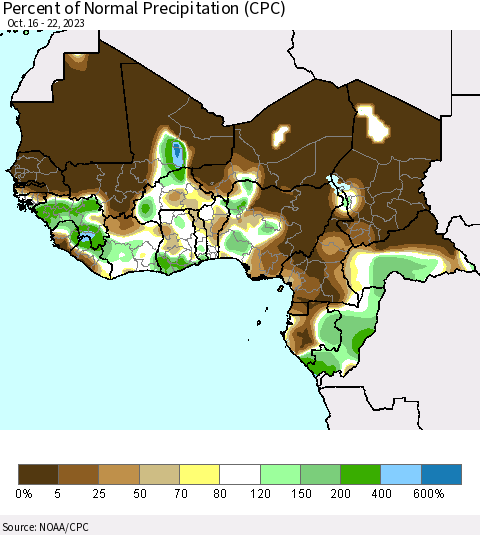 Western Africa Percent of Normal Precipitation (CPC) Thematic Map For 10/16/2023 - 10/22/2023