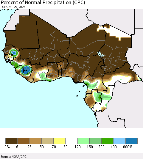 Western Africa Percent of Normal Precipitation (CPC) Thematic Map For 10/23/2023 - 10/29/2023