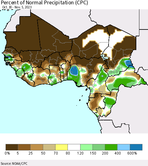 Western Africa Percent of Normal Precipitation (CPC) Thematic Map For 10/30/2023 - 11/5/2023