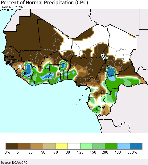 Western Africa Percent of Normal Precipitation (CPC) Thematic Map For 11/6/2023 - 11/12/2023