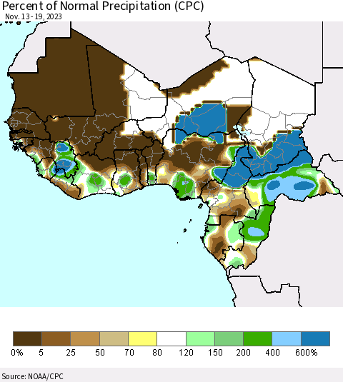 Western Africa Percent of Normal Precipitation (CPC) Thematic Map For 11/13/2023 - 11/19/2023
