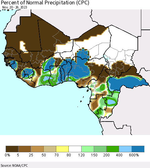 Western Africa Percent of Normal Precipitation (CPC) Thematic Map For 11/20/2023 - 11/26/2023
