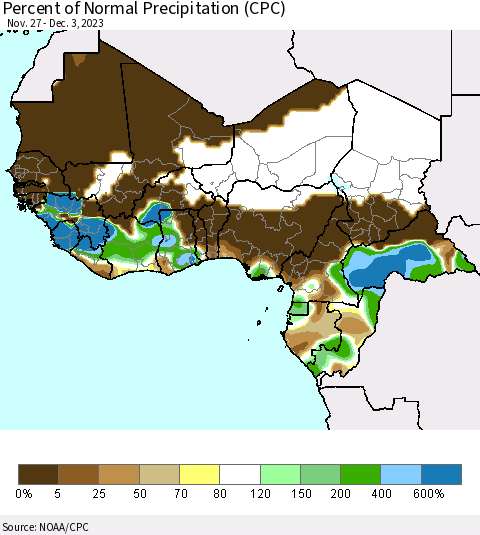 Western Africa Percent of Normal Precipitation (CPC) Thematic Map For 11/27/2023 - 12/3/2023