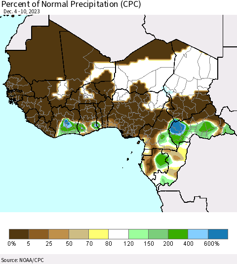 Western Africa Percent of Normal Precipitation (CPC) Thematic Map For 12/4/2023 - 12/10/2023