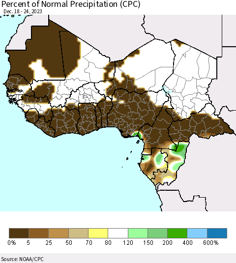 Western Africa Percent of Normal Precipitation (CPC) Thematic Map For 12/18/2023 - 12/24/2023