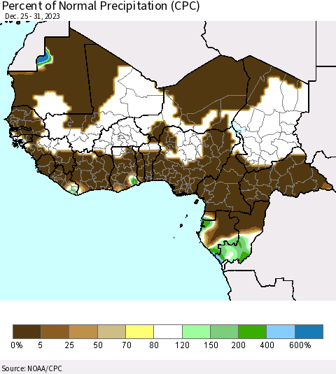 Western Africa Percent of Normal Precipitation (CPC) Thematic Map For 12/25/2023 - 12/31/2023
