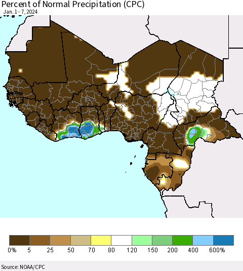 Western Africa Percent of Normal Precipitation (CPC) Thematic Map For 1/1/2024 - 1/7/2024