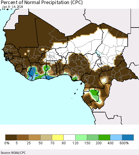 Western Africa Percent of Normal Precipitation (CPC) Thematic Map For 1/8/2024 - 1/14/2024