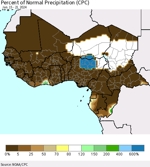 Western Africa Percent of Normal Precipitation (CPC) Thematic Map For 1/15/2024 - 1/21/2024