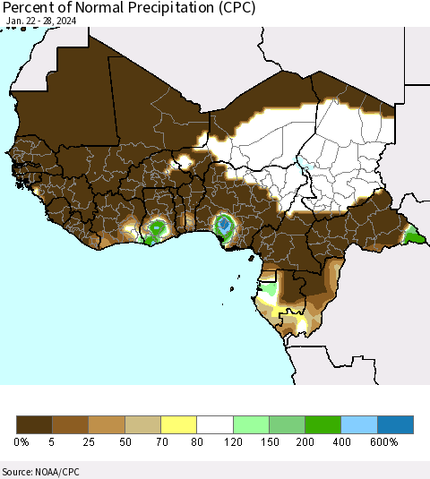 Western Africa Percent of Normal Precipitation (CPC) Thematic Map For 1/22/2024 - 1/28/2024