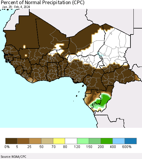 Western Africa Percent of Normal Precipitation (CPC) Thematic Map For 1/29/2024 - 2/4/2024