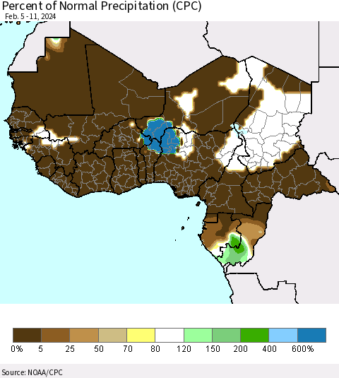Western Africa Percent of Normal Precipitation (CPC) Thematic Map For 2/5/2024 - 2/11/2024