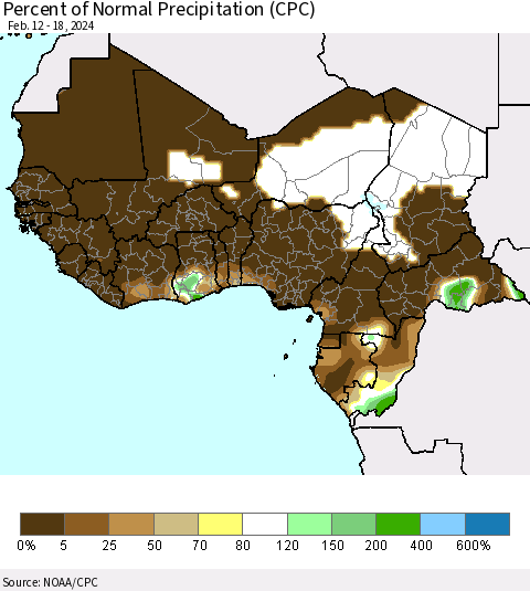 Western Africa Percent of Normal Precipitation (CPC) Thematic Map For 2/12/2024 - 2/18/2024