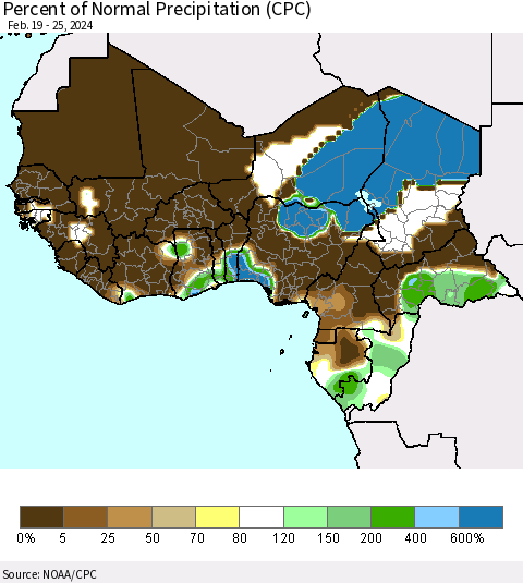Western Africa Percent of Normal Precipitation (CPC) Thematic Map For 2/19/2024 - 2/25/2024