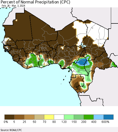 Western Africa Percent of Normal Precipitation (CPC) Thematic Map For 2/26/2024 - 3/3/2024
