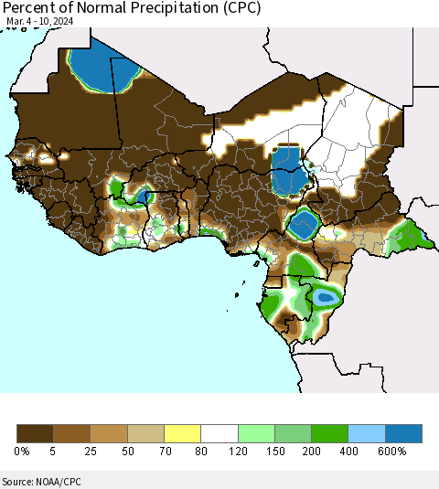 Western Africa Percent of Normal Precipitation (CPC) Thematic Map For 3/4/2024 - 3/10/2024