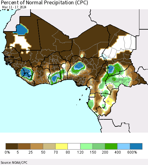 Western Africa Percent of Normal Precipitation (CPC) Thematic Map For 3/11/2024 - 3/17/2024