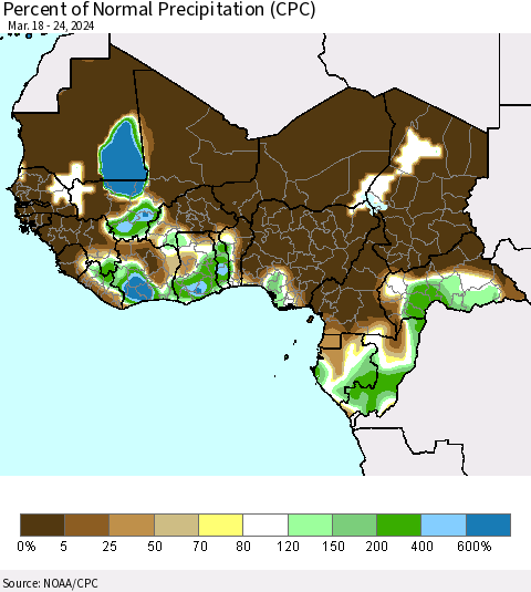 Western Africa Percent of Normal Precipitation (CPC) Thematic Map For 3/18/2024 - 3/24/2024