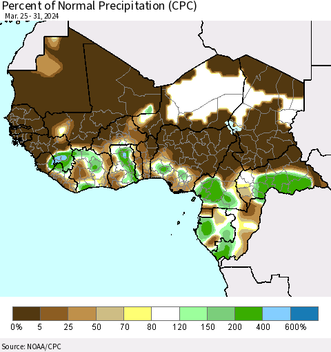 Western Africa Percent of Normal Precipitation (CPC) Thematic Map For 3/25/2024 - 3/31/2024