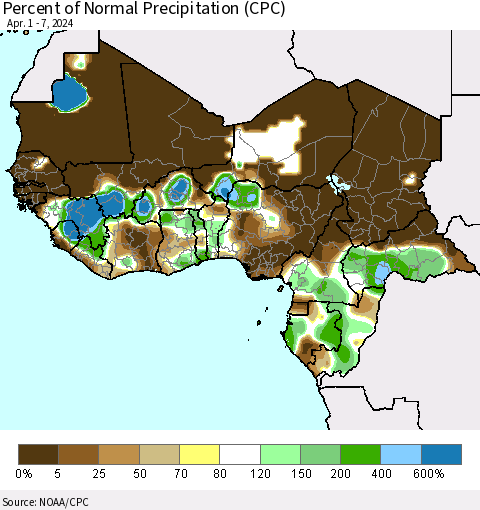 Western Africa Percent of Normal Precipitation (CPC) Thematic Map For 4/1/2024 - 4/7/2024